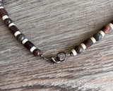 Mens Brown White Wood Jasper Stone Beaded Surfer Long Short Mens Necklace - Saul