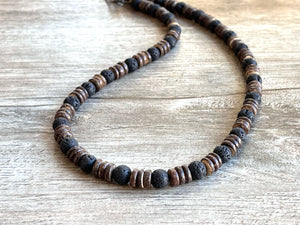 Mens Black Brown Wood Lava Rock Beaded Surfer Long Short Necklace