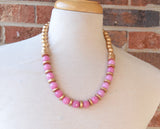 Light Rose Pink Gold Statement Long Bead Chunky Jade Necklace - Mollie