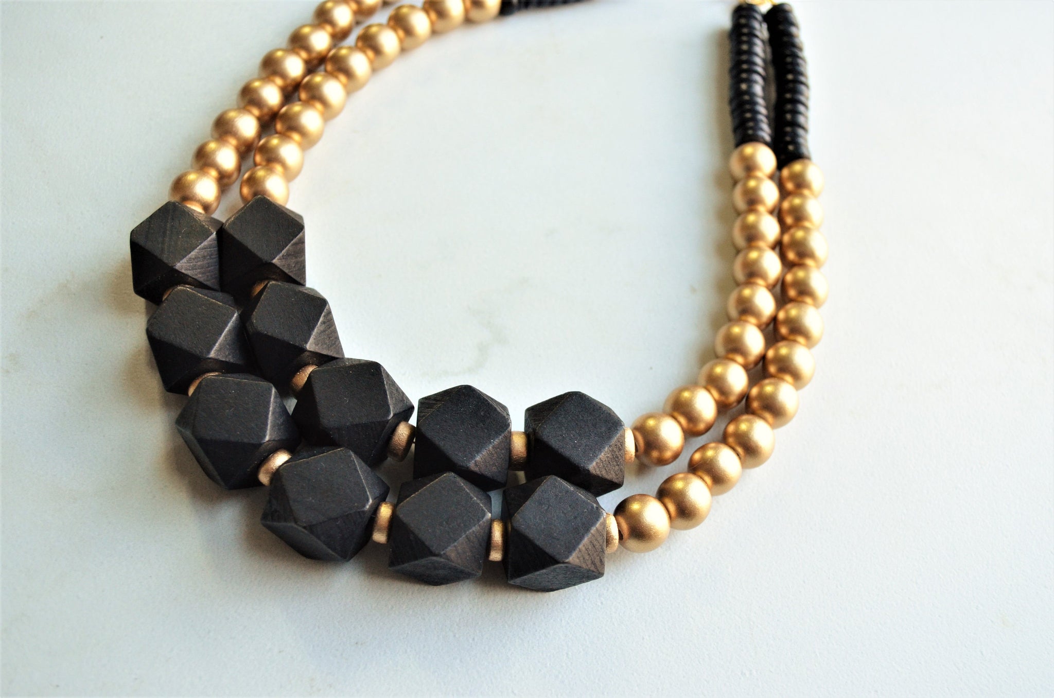 Black fashion multi strand on sale necklace Statement beaded bib necklace for women Tagua nut necklace Lightweight with gold chain Big bold chunky