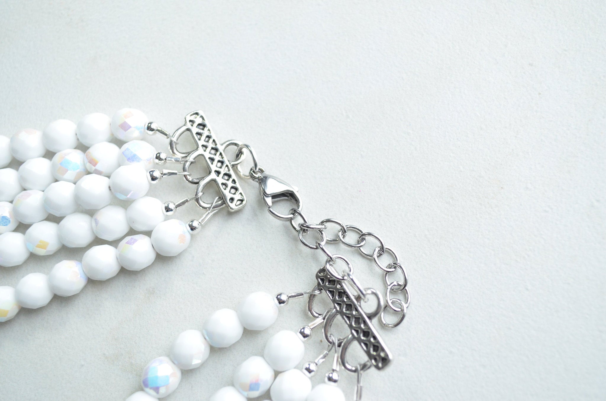 Long White and Silver Beaded Necklace for Women, order Necklace with Crystal beads and Pearl beads, Handmade Jewelry Gifts, Beaded Necklace, White