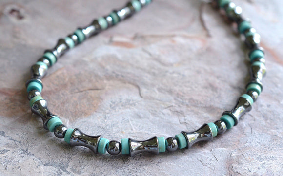 Turquoise Necklace, Mens Necklace, Hematite Necklace, Bead Necklace, Gift For Him - Landon